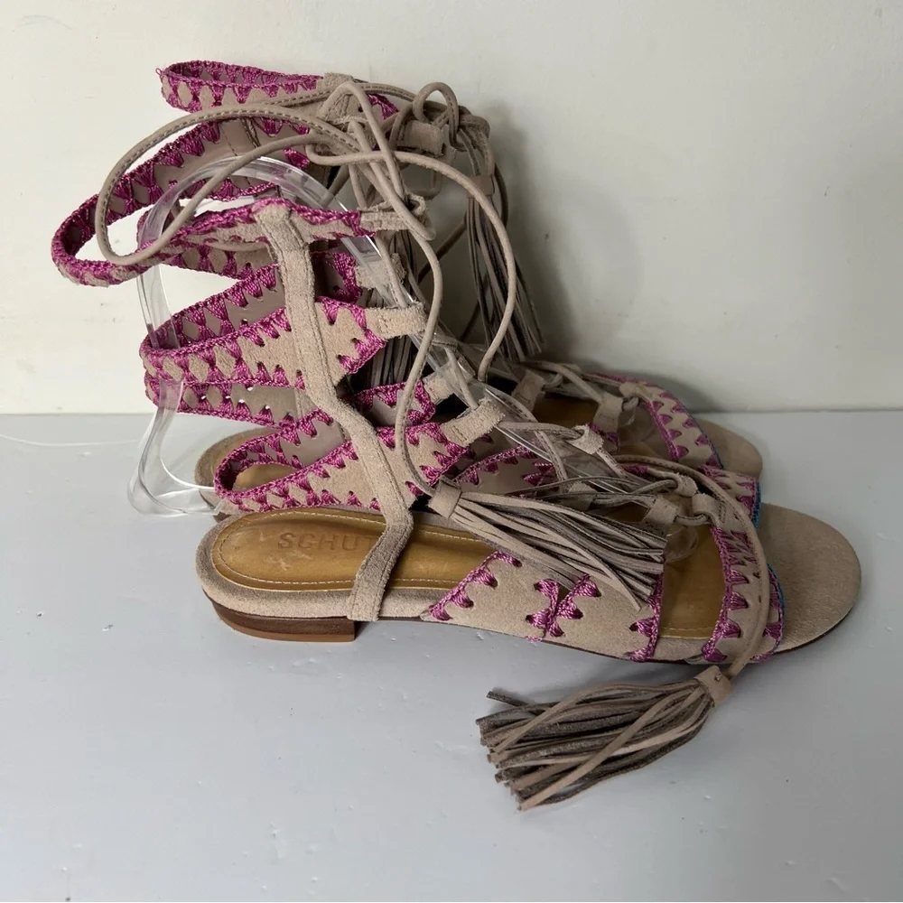 Schutz Willow Light Wood Nude Gladiator Sandals Color Sitched Tie Up Sandal SZ 6 - Picture 5 of 9